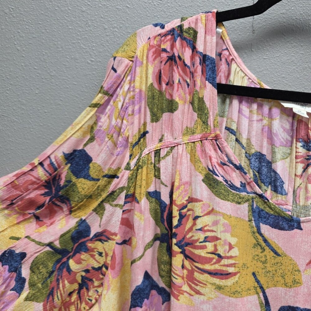 Terra & Sky Blouse Womens Plus 2X Pink Floral Poet Sleeve Boho Lightweight Top - Picture 2 of 10